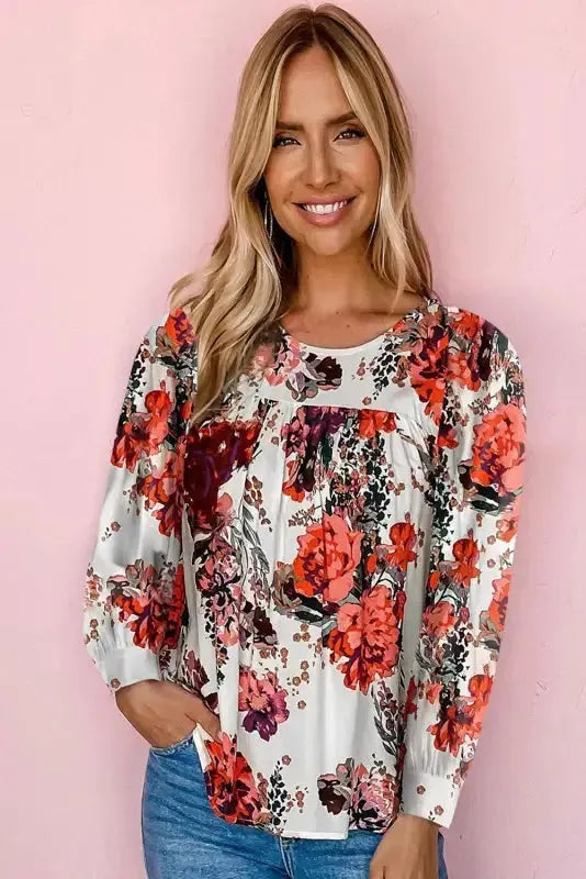 Red Floral Short Sleeve Round Neck Blouse - Fashionfitz