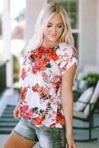 Red Floral Short Sleeve Round Neck Blouse - Fashionfitz