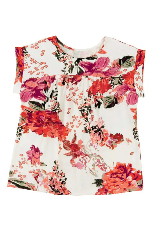 Red floral short sleeve round neck blouse - tops