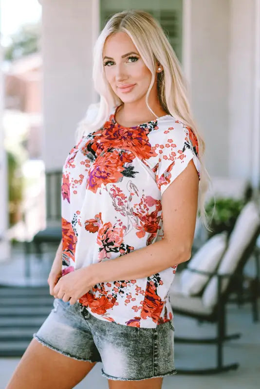 Red floral short sleeve round neck blouse - tops