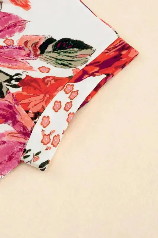 Red Floral Short Sleeve Round Neck Blouse - Fashionfitz