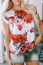 Red Floral Short Sleeve Round Neck Blouse - Fashionfitz
