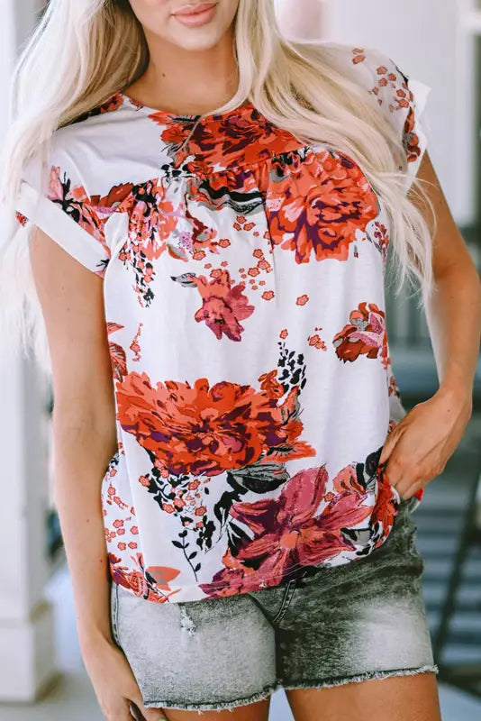 Red floral short sleeve round neck blouse - tops