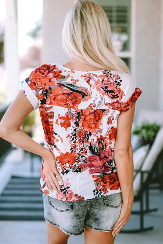 Red floral short sleeve round neck blouse - tops