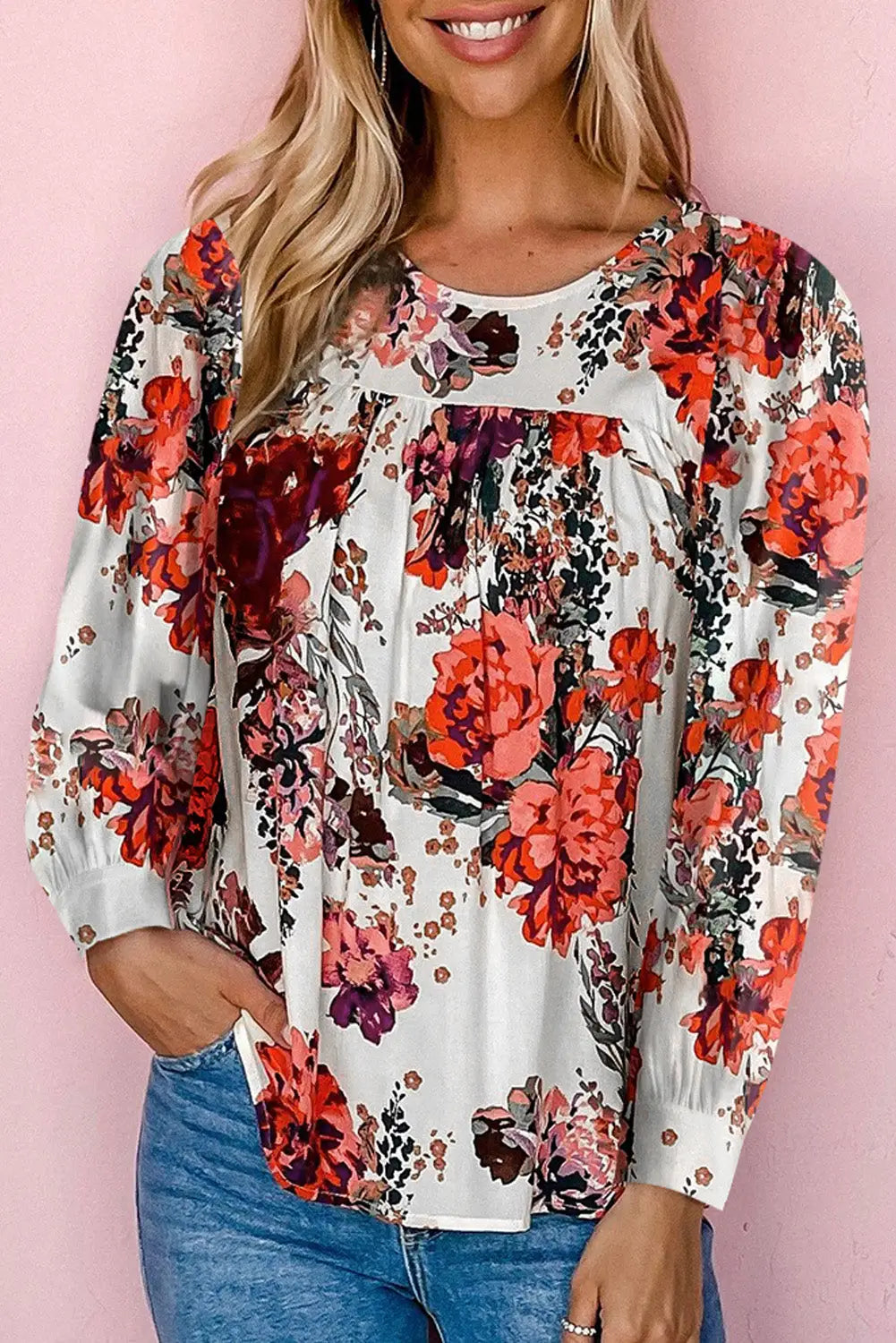 Red floral short sleeve round neck blouse - red1 / s / 95% polyester + 5% elastane - tops