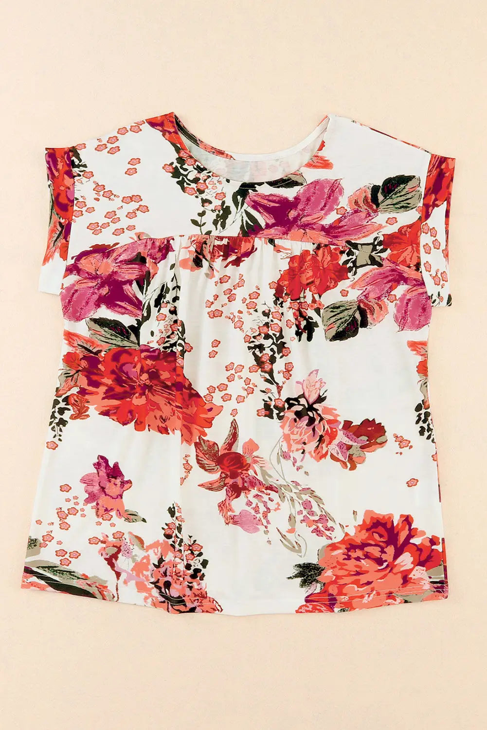 Red floral short sleeve round neck blouse - tops