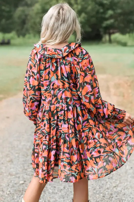 Red floral smocked bishop sleeve tassel mini dress - dresses