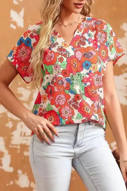 Red Floral Split Neck Top - Fashionfitz