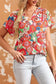 Red floral split neck top - t-shirts