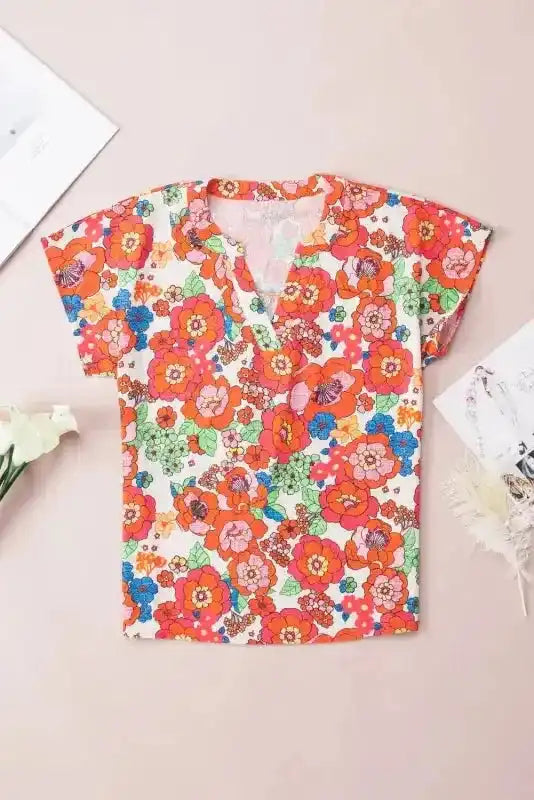 Red Floral Split Neck Top - Fashionfitz