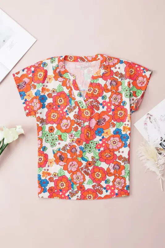 Red floral split neck top - t-shirts