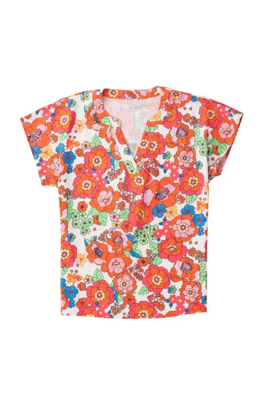 Red floral split neck top - t-shirts