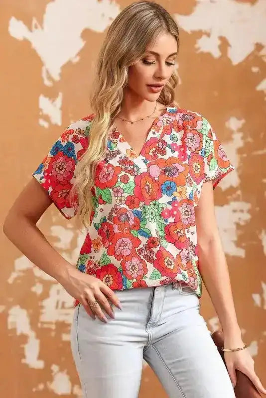 Floral Split Neck Short Sleeve Top Women UK in red — front view showing vibrant red floral and split V-neckline — Fashionfitz