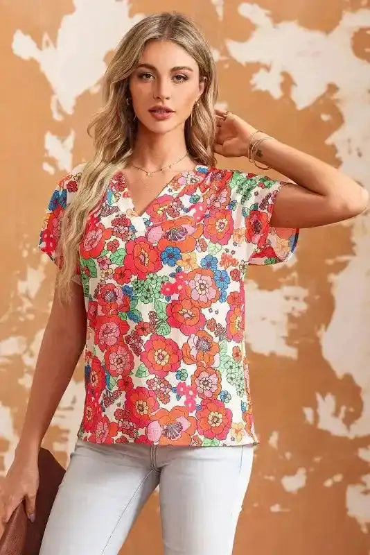 Red Floral Split Neck Short Sleeve Top Women UK styled as a vibrant casual summer outfit — Fashionfitz
