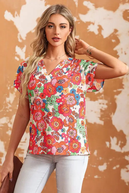 Red floral split neck top - t-shirts