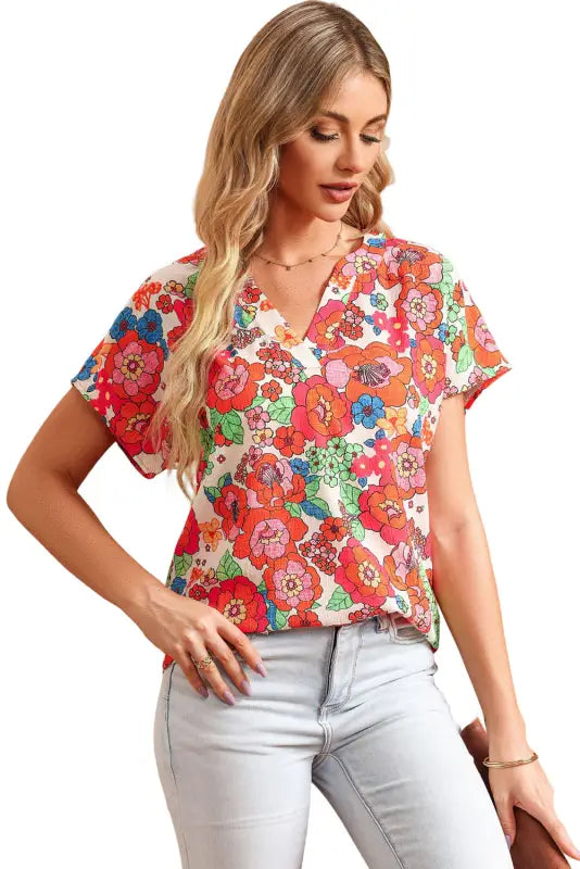 Red floral split neck top - t-shirts