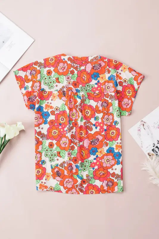 Red floral split neck top - t-shirts