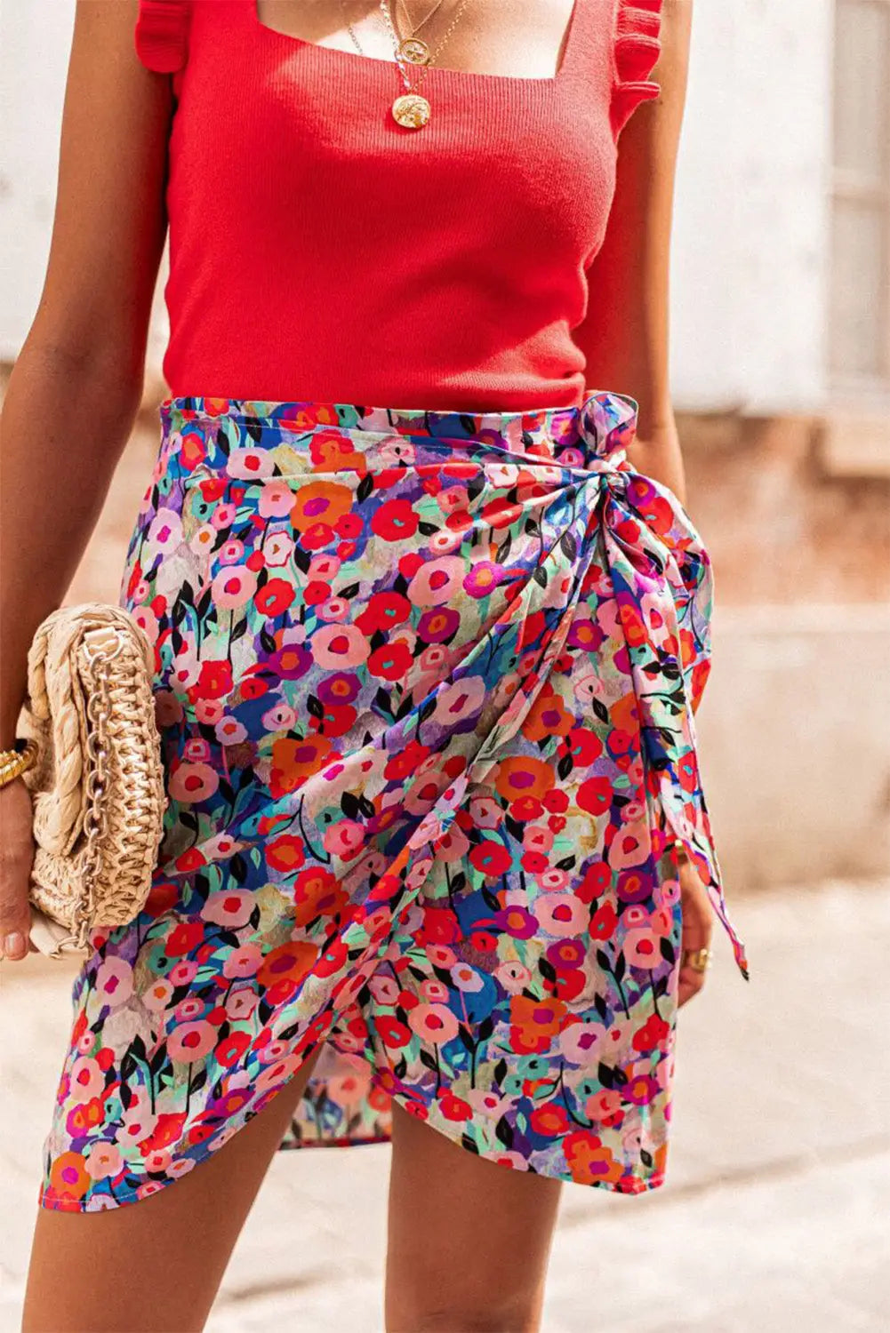 Red floral wrapped mini skirt - s / 100% polyester - skirts