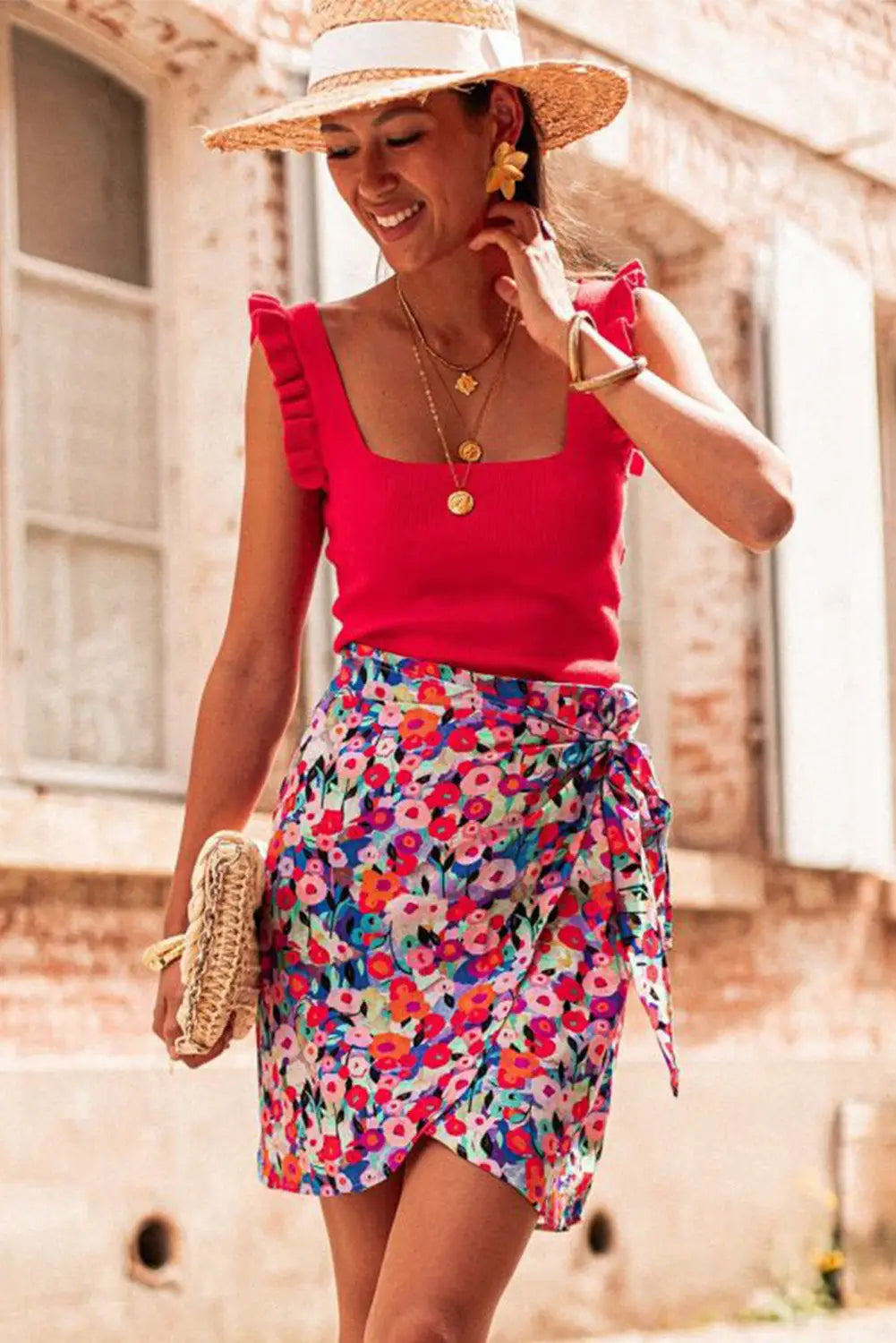 Red floral wrapped mini skirt - skirts