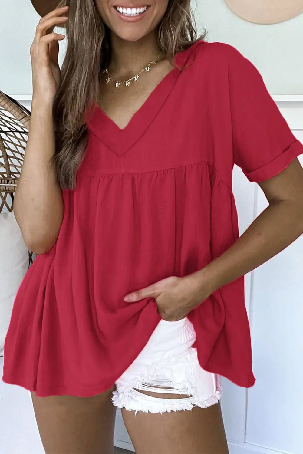 Red frayed v neck ruffled babydoll blouse - s / 80% viscose + 20% linen - blouses & shirts