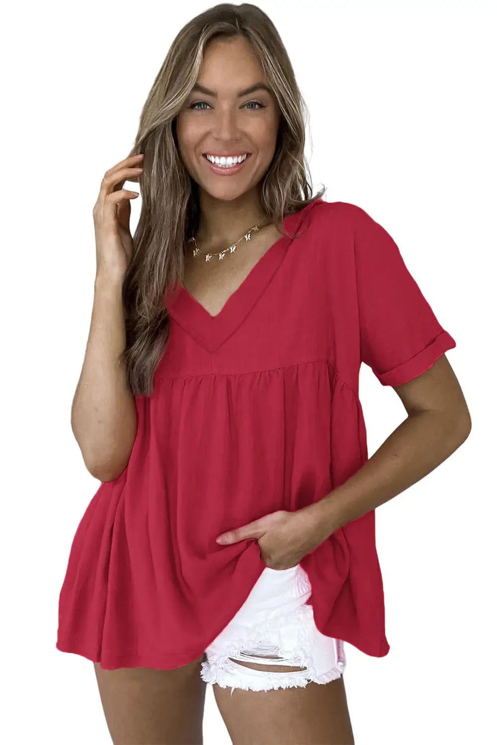Red frayed v neck ruffled babydoll blouse - blouses & shirts