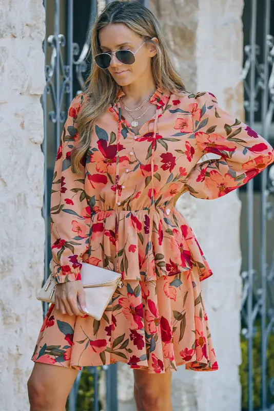 Red frilled collar long sleeve floral dress with ruffle - dresses