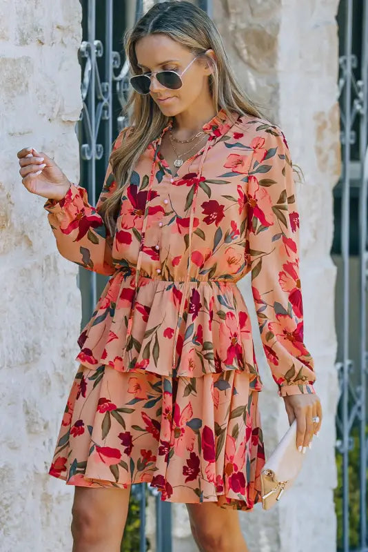 Red frilled collar long sleeve floral dress with ruffle - dresses