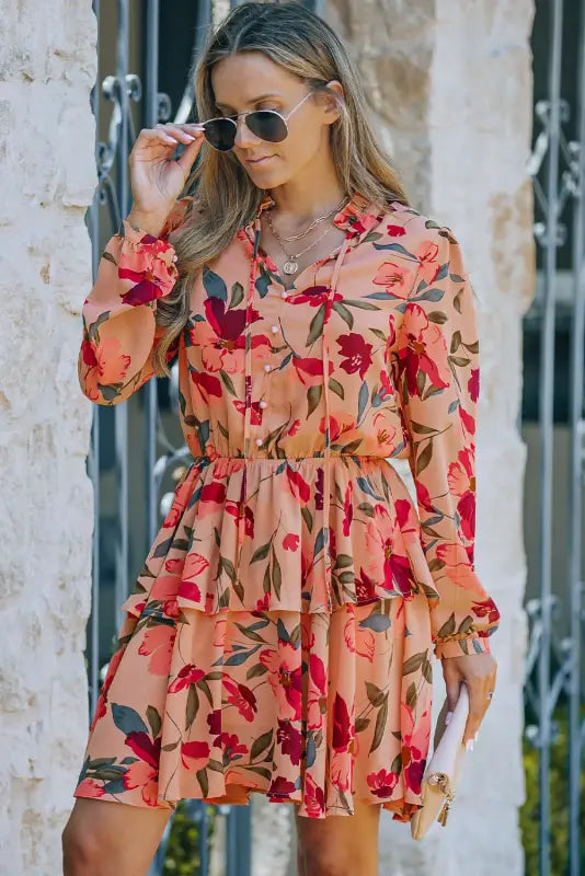 Red frilled collar long sleeve floral dress with ruffle - dresses