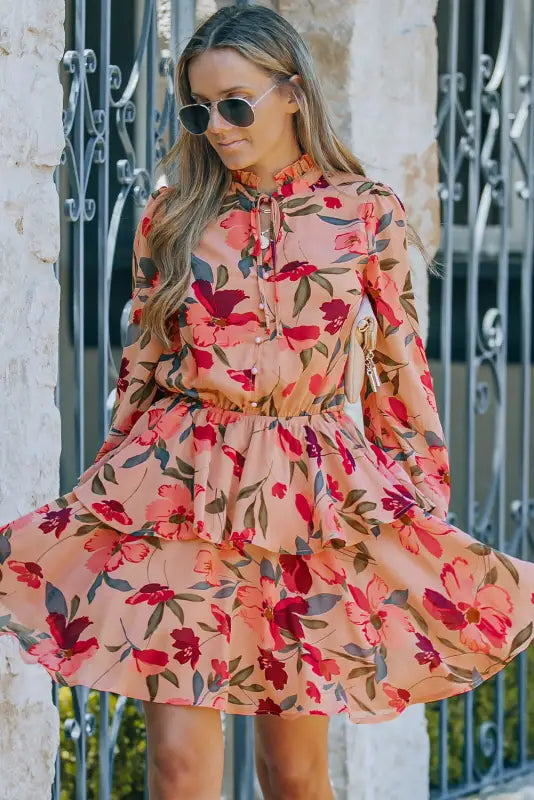 Red frilled collar long sleeve floral dress with ruffle - dresses