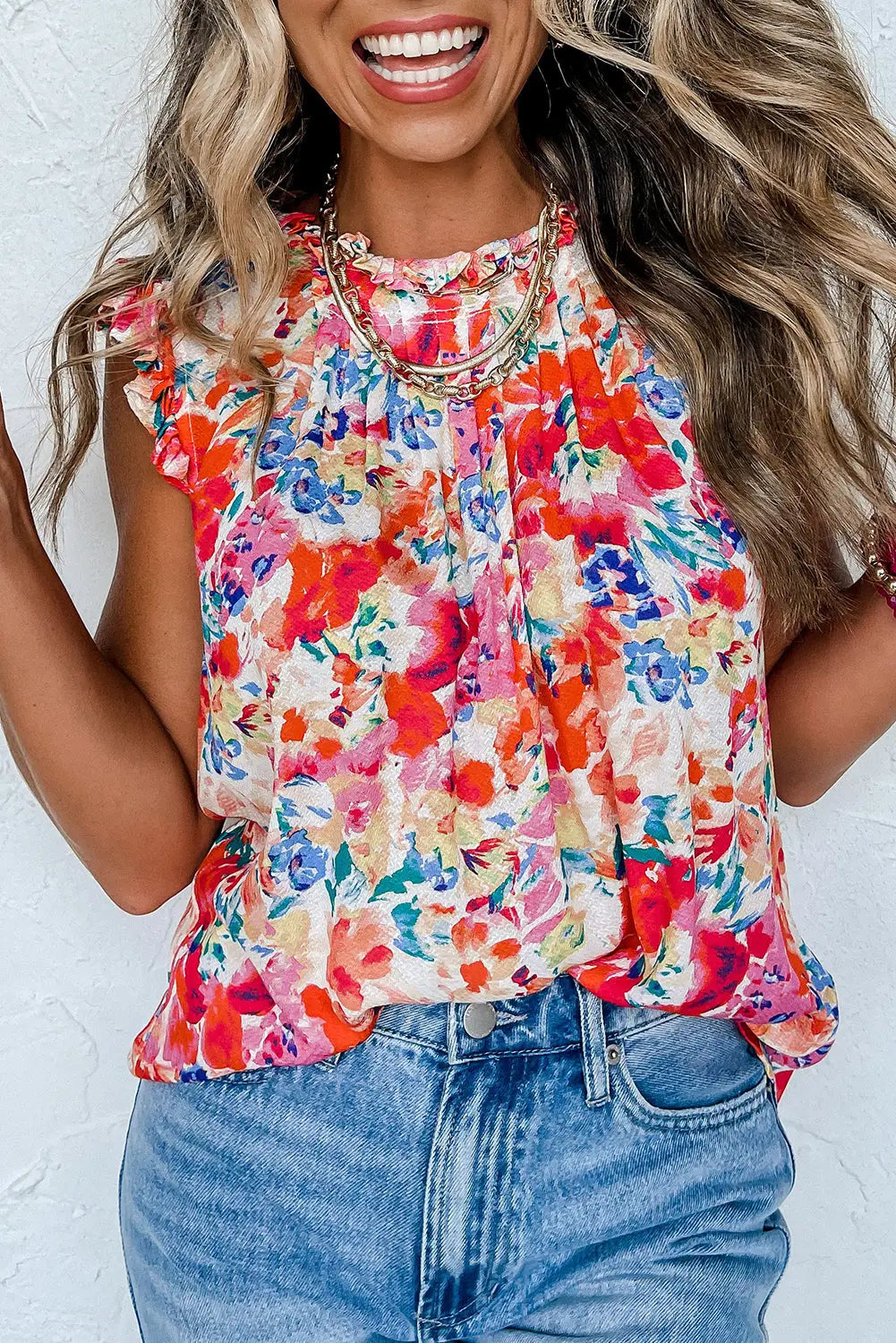 Red frilled neck pleated boho floral tank top - l / 100% polyester - tops