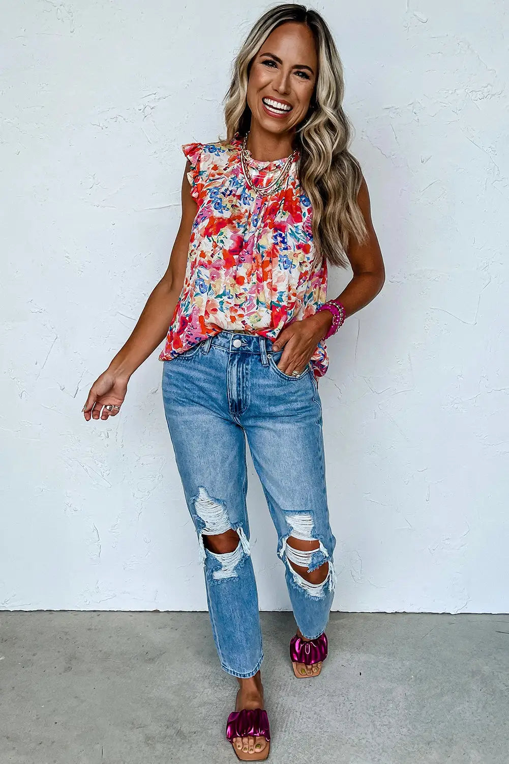 Red frilled neck pleated boho floral tank top - tops