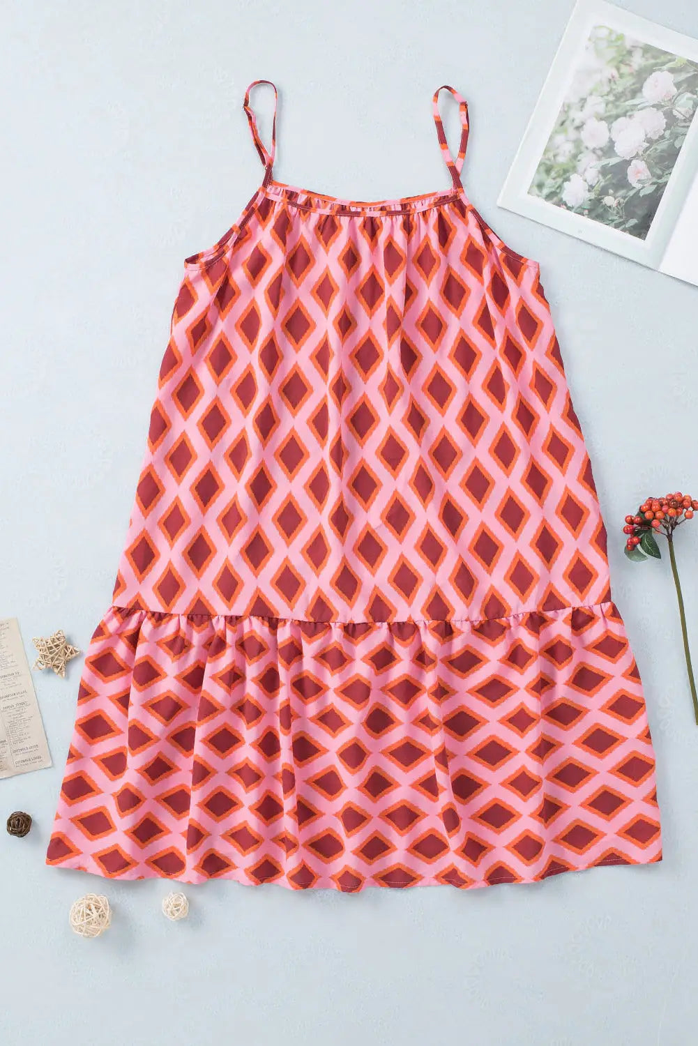 Red geometric print spaghetti straps ruffle hem dress - midi dresses