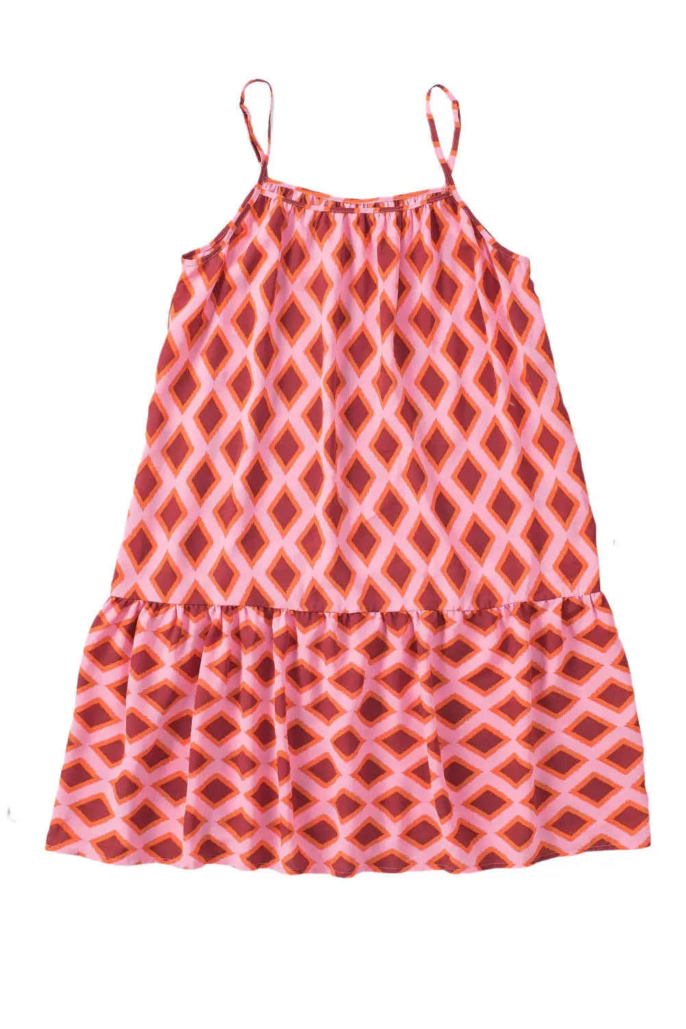 Red geometric print spaghetti straps ruffle hem dress - midi dresses