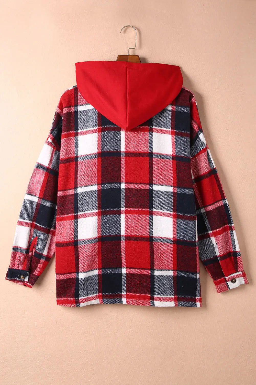 Red hooded plaid button front shacket - shackets