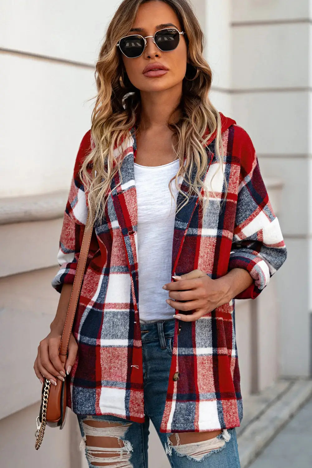 Red hooded plaid button front shacket - shackets