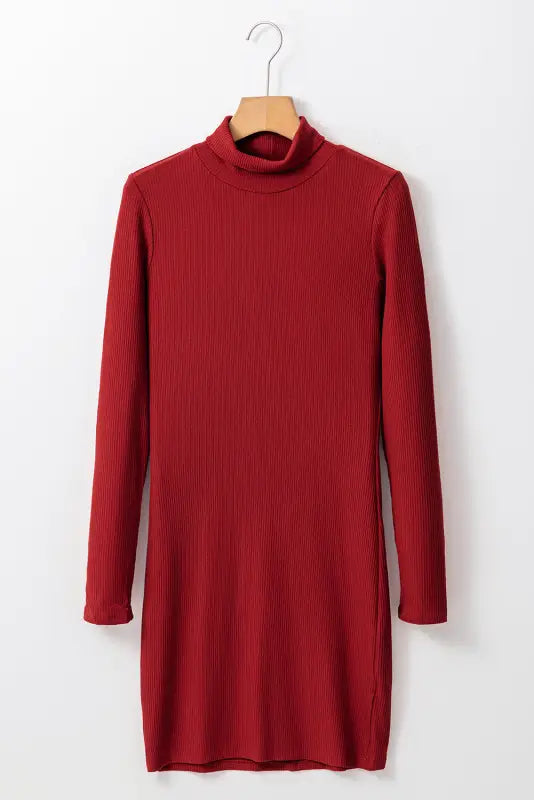 Red jumper dress - high neck ribbed knit