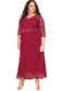 Red lace scalloped v neck 3/4 sleeves pleated tulle plus maxi dress - size