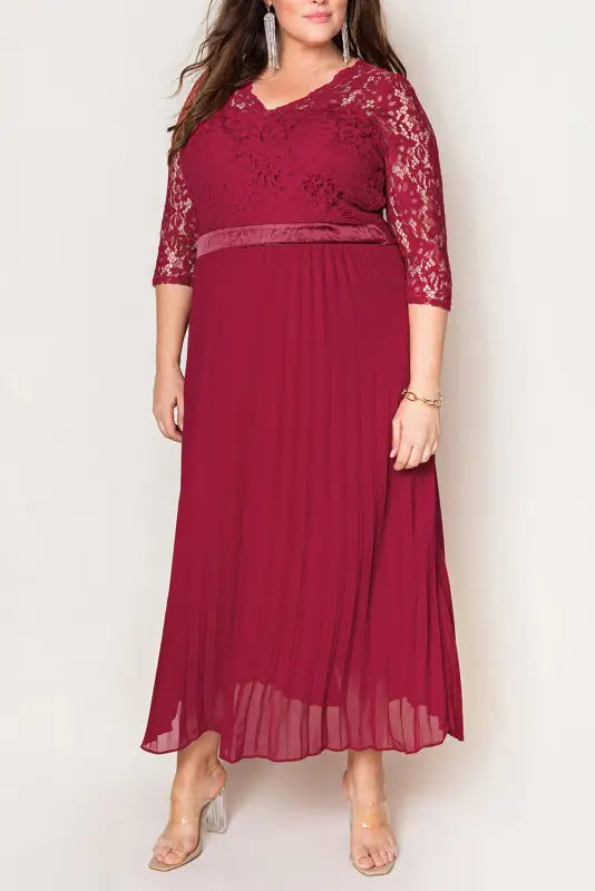 Red lace scalloped v neck 3/4 sleeves pleated tulle plus maxi dress - size