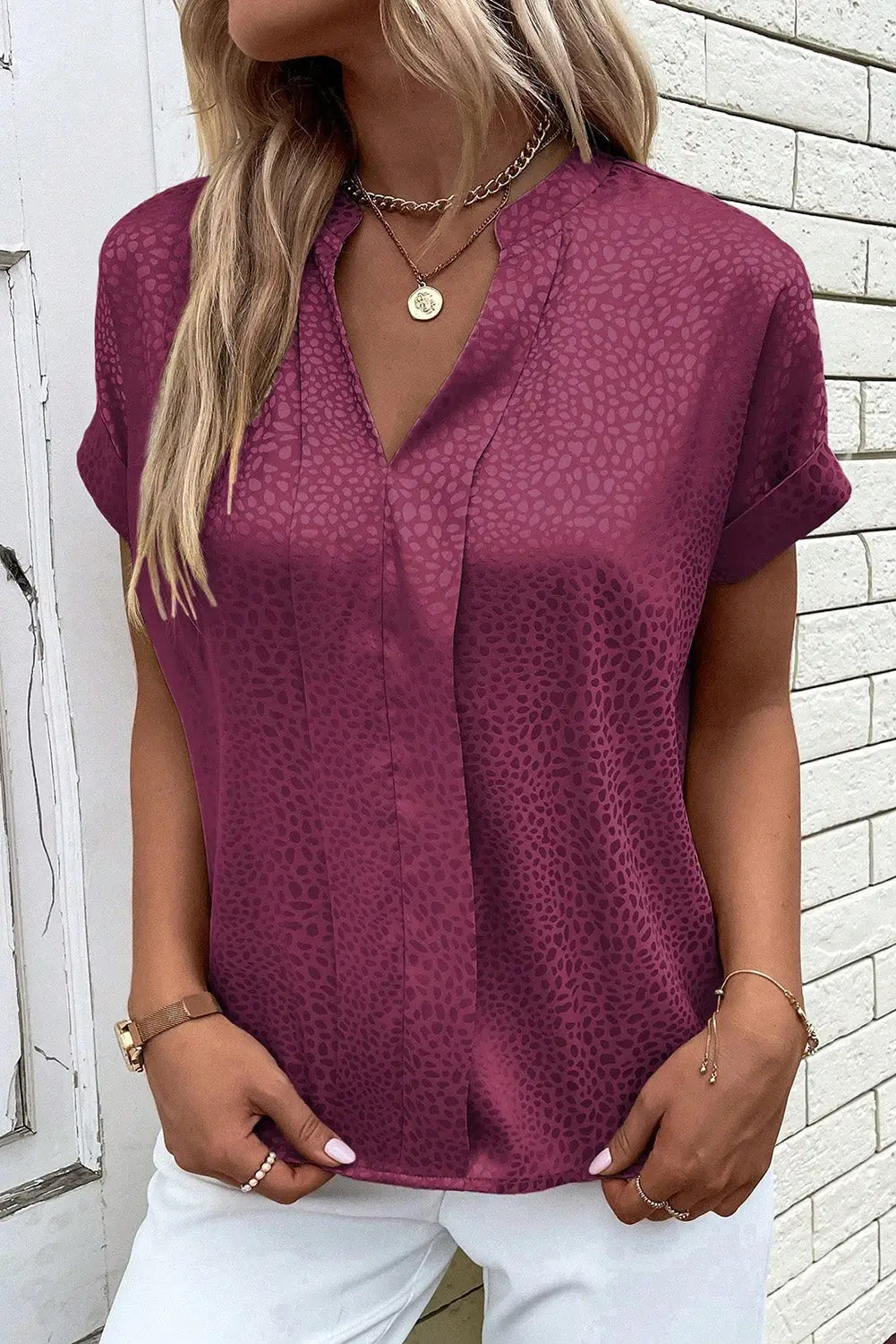 Red leopard print rolled sleeve v neck blouse - blouses & shirts