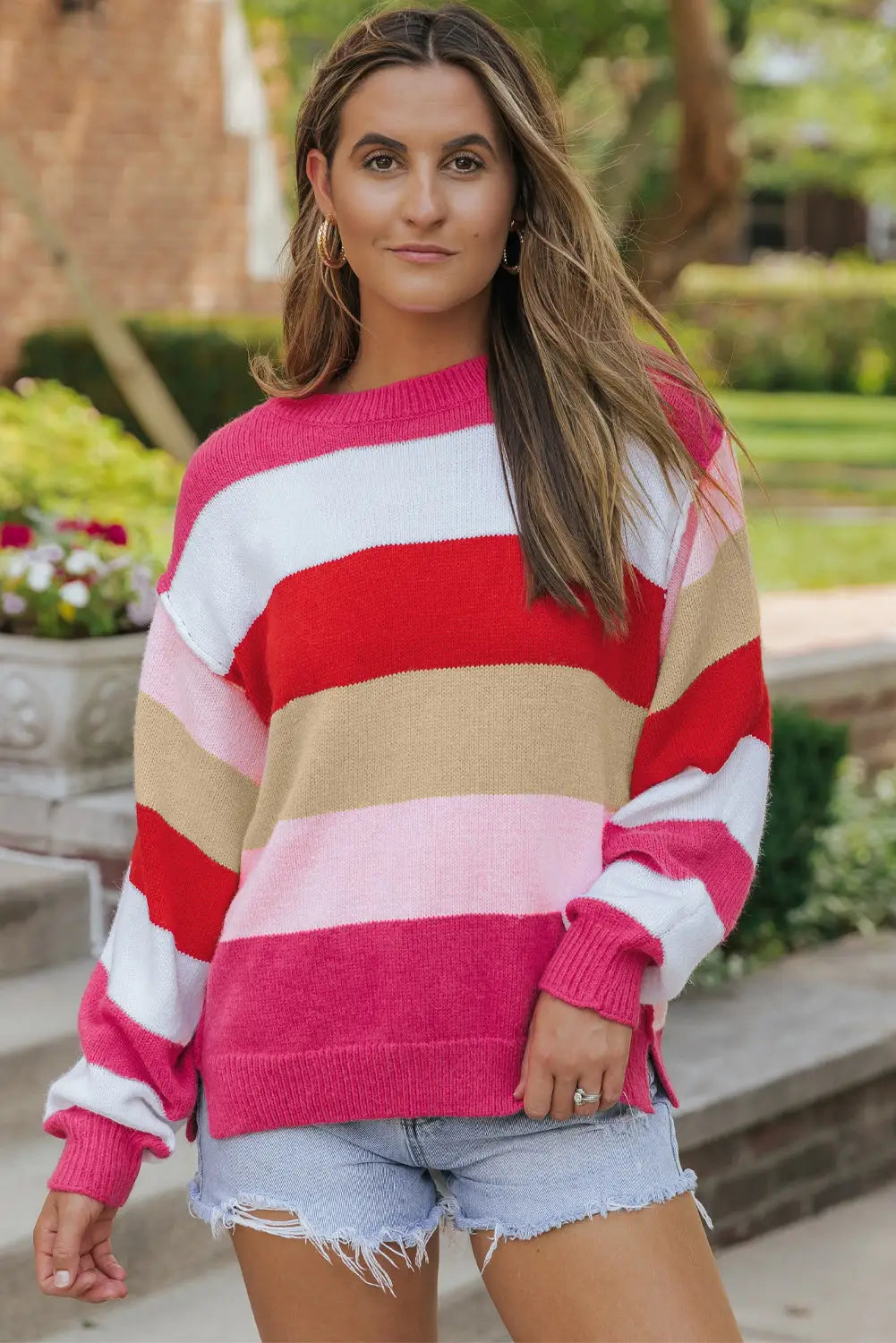 Red mix horizon stripes dolman sleeve sweater - s / 65% acrylic + 35% polyester - sweaters & cardigans