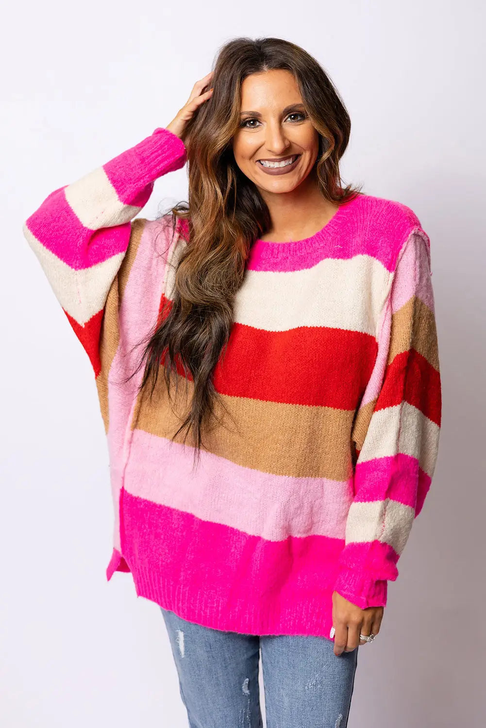 Red mix horizon stripes dolman sleeve sweater - sweaters & cardigans