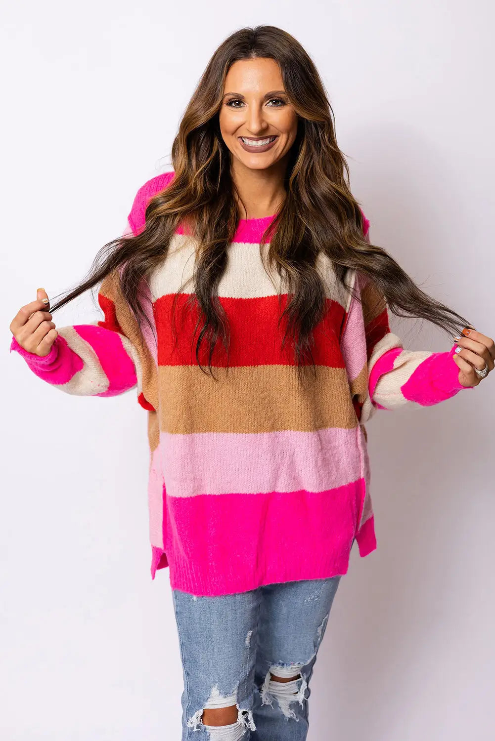 Red mix horizon stripes dolman sleeve sweater - sweaters & cardigans