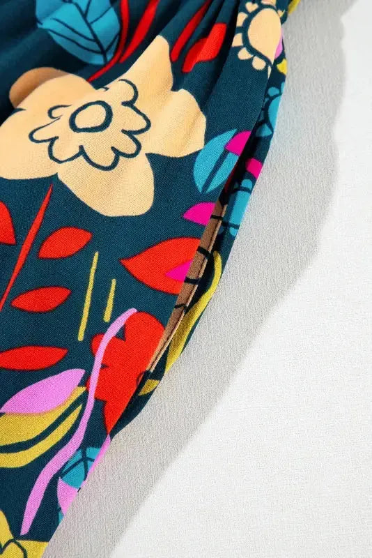 Red Mix Strapless Jumpsuit - Tropical Print Ruffled - Fashionfitz