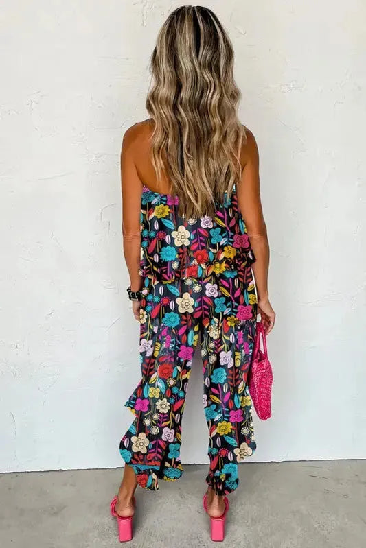 Red Mix Strapless Jumpsuit - Tropical Print Ruffled - Fashionfitz