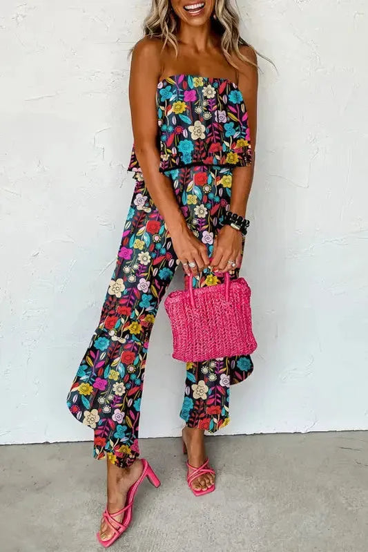 Red Mix Strapless Jumpsuit - Tropical Print Ruffled - Fashionfitz