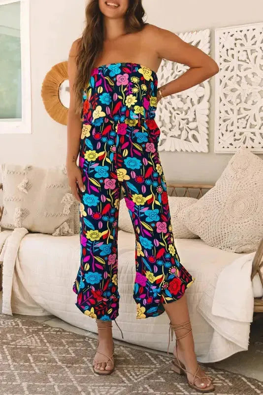 Red Mix Strapless Jumpsuit - Tropical Print Ruffled - Fashionfitz