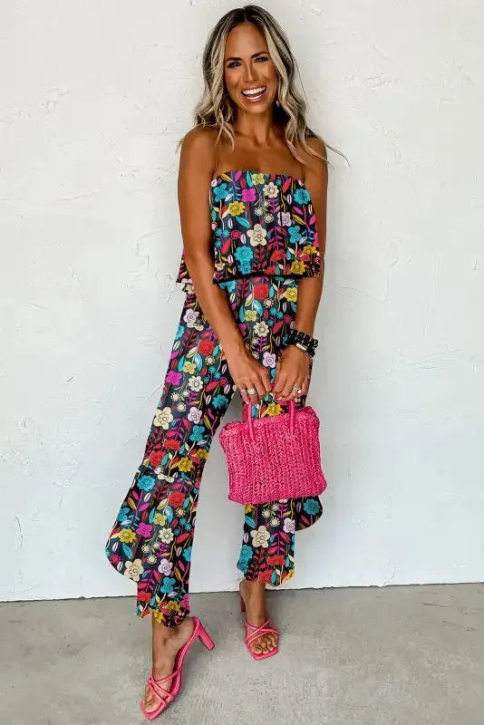 Red Mix Strapless Jumpsuit - Tropical Print Ruffled - Fashionfitz