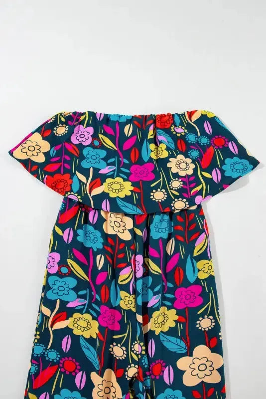 Red Mix Strapless Jumpsuit - Tropical Print Ruffled - Fashionfitz