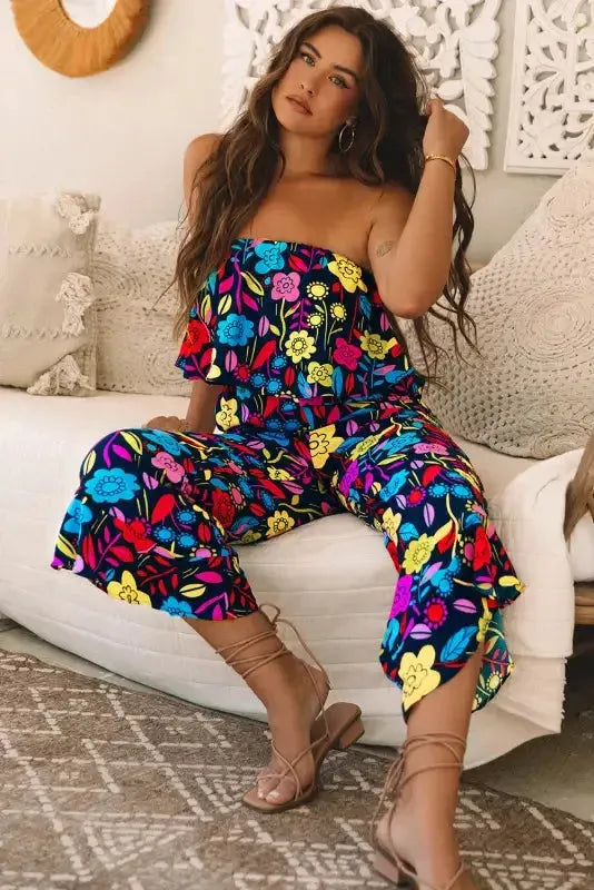 Red Mix Strapless Jumpsuit - Tropical Print Ruffled - Fashionfitz