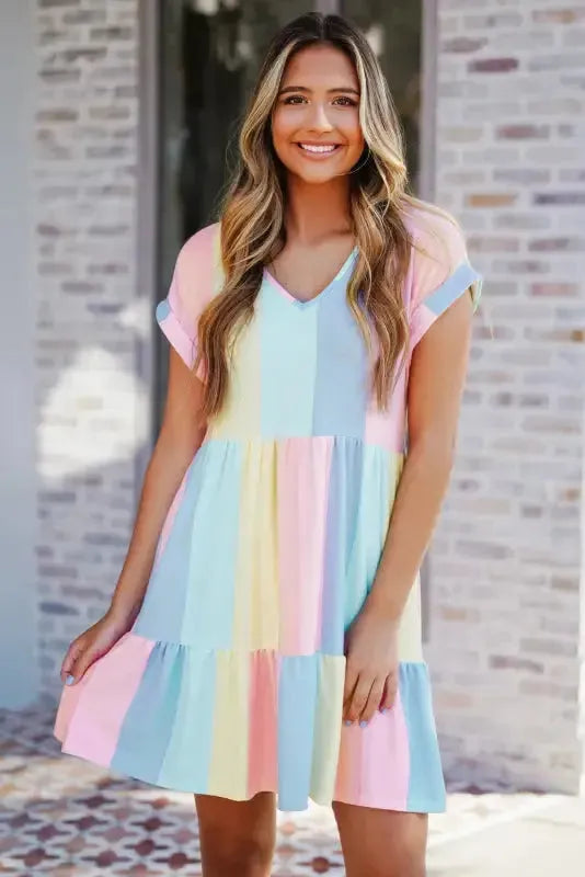 Red Multicolor Striped Color Block Tiered Mini Dress - Fashionfitz